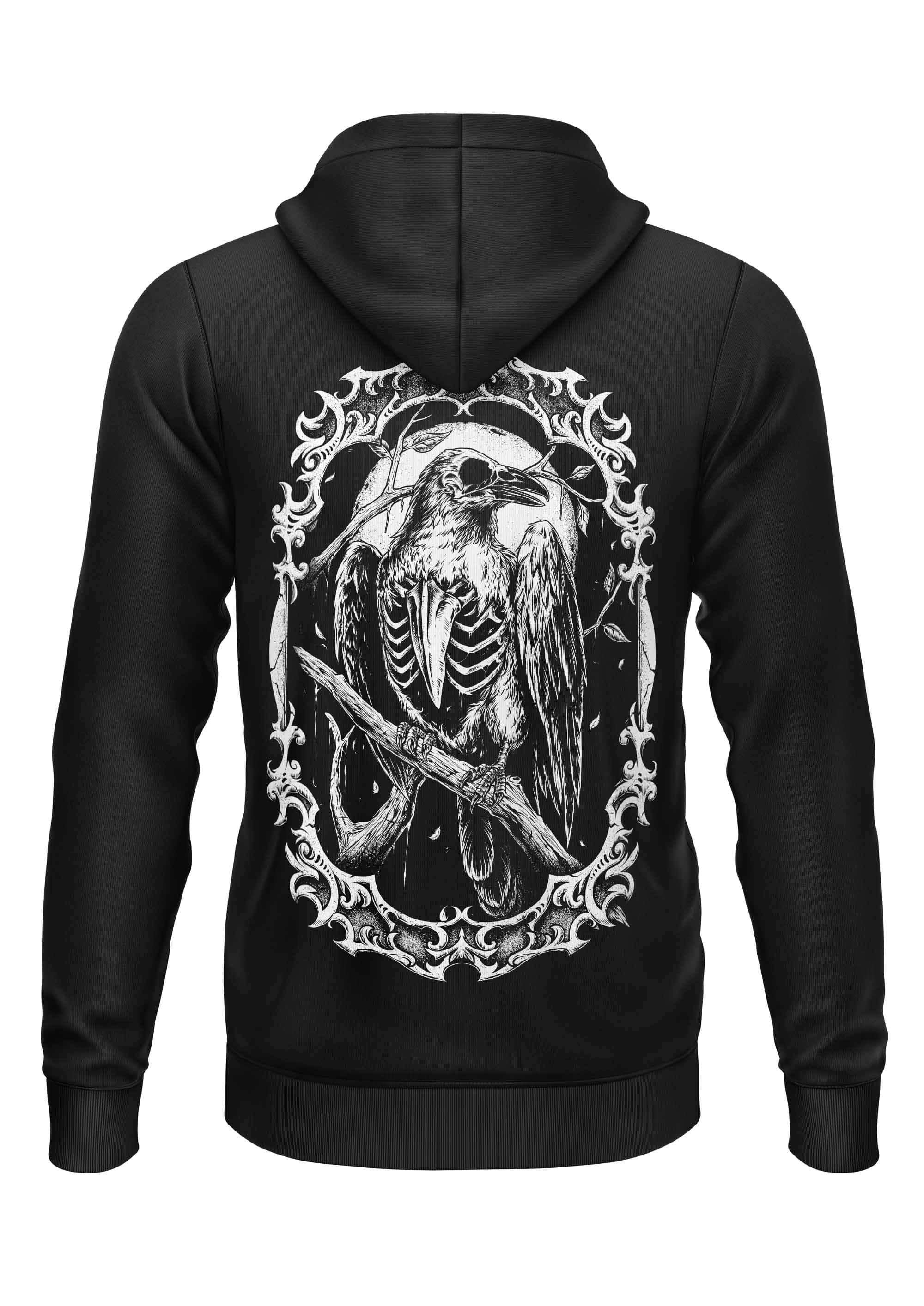 Schwarzer zip-up hoodie mit detaillierter weißer gothic-grafik eines skelettierten raben auf einem ast bitte horror